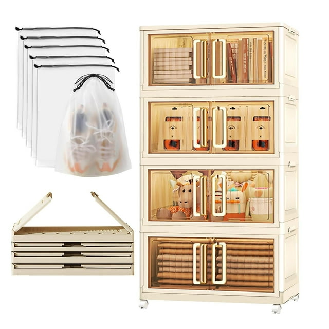 Cajas de Almacenamiento Plegable de 4 Capas con 6 Bolsas de Almacenamiento, plástico plegable con Ruedas Silenciosas y Manijas, Adecuada para Dormitorio, Cocina, Baño(40×28×86 cm)