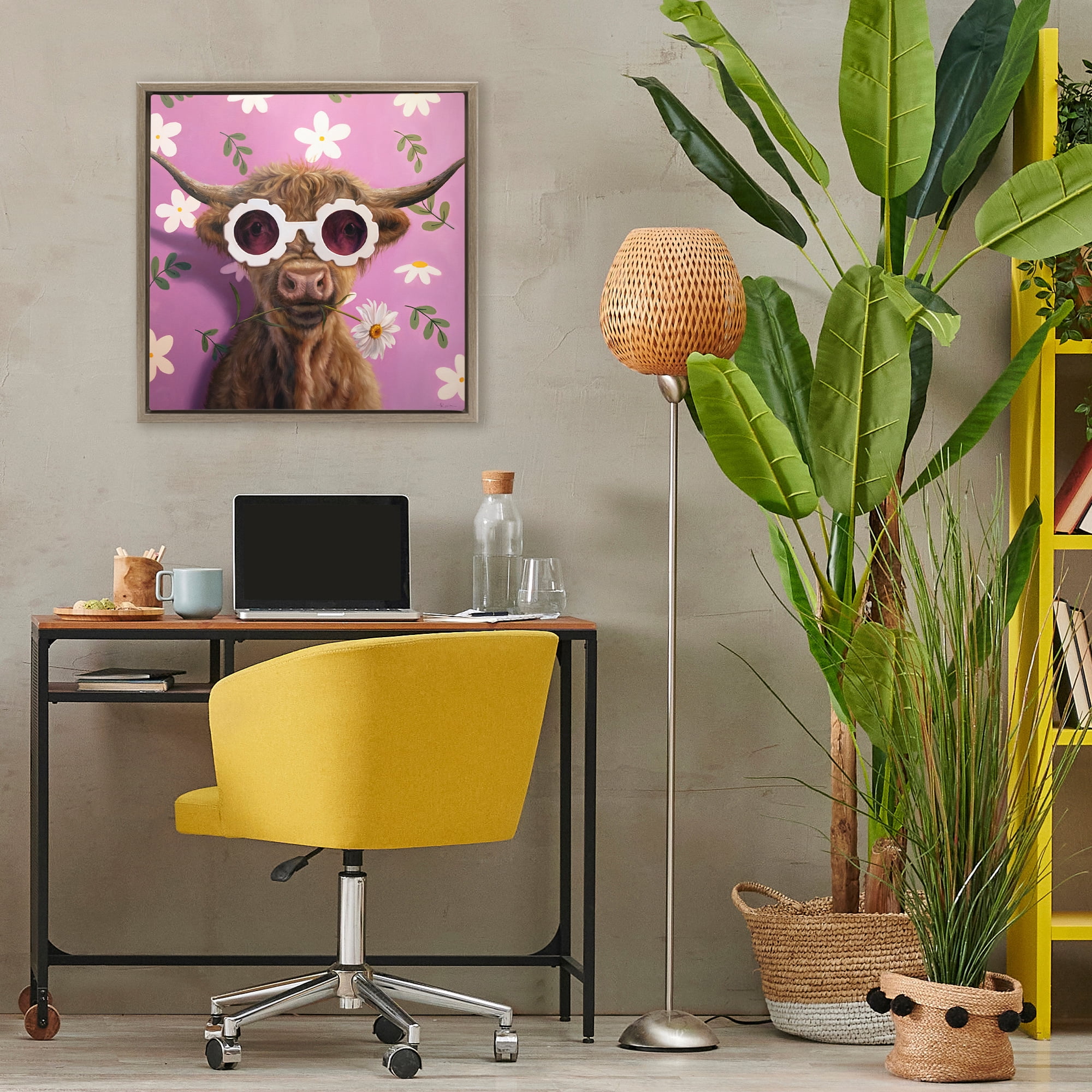 Stupell Industries Fresh As A Daisy Cattle Brown Framed Floater Canvas Wall Art, design by Lucia Heffernan