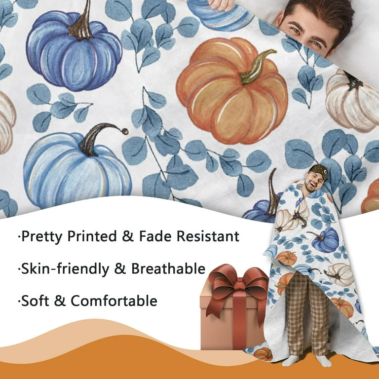 Fall Blue Pumpkin Flannel Blanket, Autumn Harvest Thanksgiving