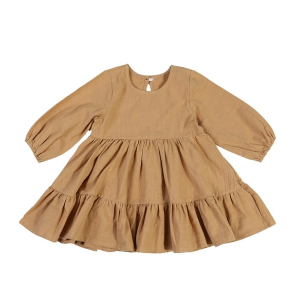 Zwiiyzr Toddler Girl Princess Dress Solid Color Flutter Long Sleeve Midi Ruffle Tiered Dresses Swing Twirly Sundress 2-7 Years Khaki