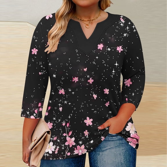 Qulqfy V-Neck Womens Graphic T Shirts Loose-Fitting Causal Plus Size 3/4 Length Sleeve Tunic Basics Vacation Going Out Tops for Women L