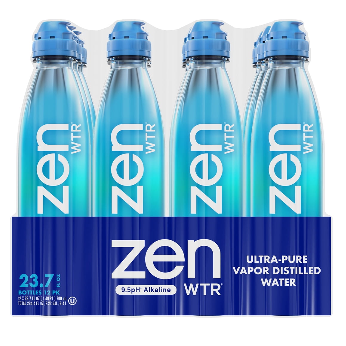 ZenWTR Ultra-Pure, Vapor Distilled Water, 23.7 Oz (Pack of 12) Bottled Water, 9.5 pH Alkaline Water with Electrolytes for a Crisp, Refreshing Taste