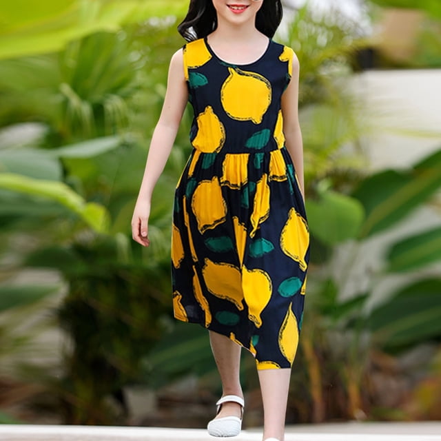 LOVZFMLL Robe de Plage pour Enfants Douce et à la Mode Robe Longue Imprimée Robe Longue Sans Manches