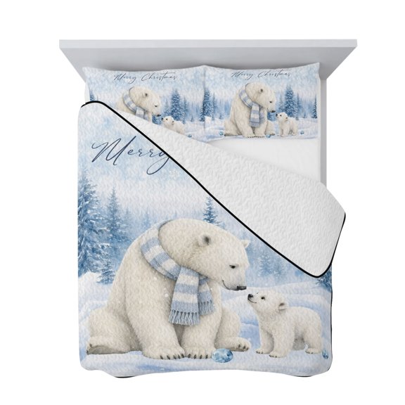 Twin Quilt Bedding Set, Merry Christmas Tree Polar Bear Soft Microfiber Summer Bedspread Coverlet with 2 Pillow Shams for All Season, Cute Breathable Bedding Set for Hot Sleepers