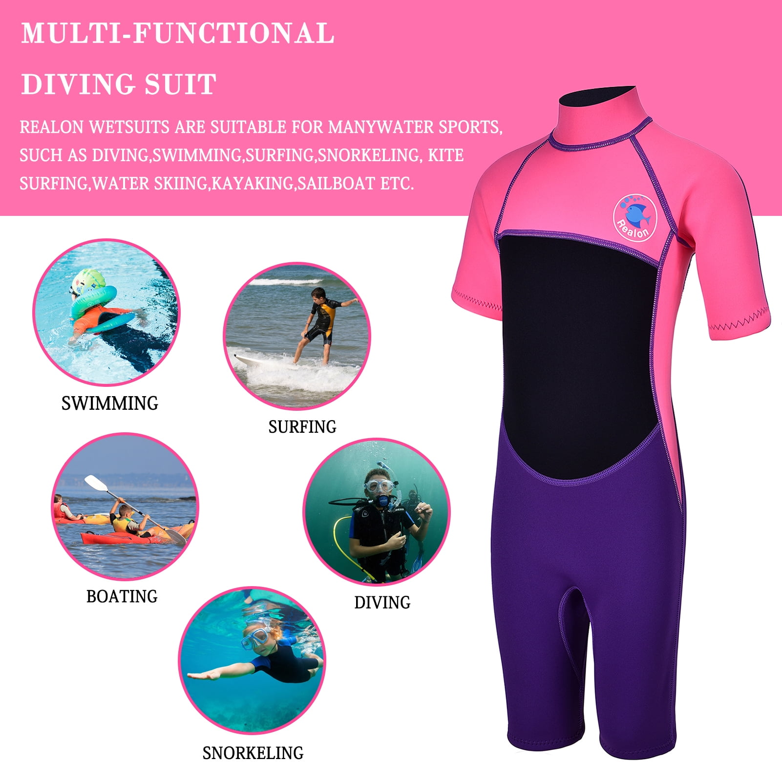 REALON Kids Wetsuits for Girls Boys Toddler Children Shorty Wet Suit 2-14  Years 3mm Neoprene Swimsuits in Cold Water Back Zip for Diving Surfing Jet  Skiing Swimming 