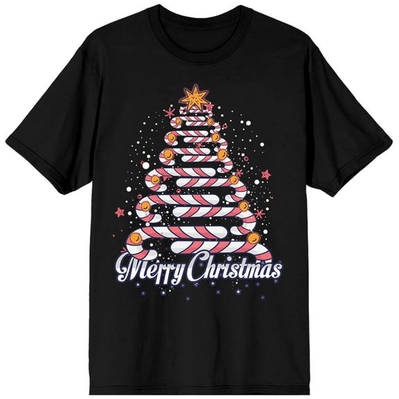 Merry Christmas Candy Cane Tree Women's Black Short Sleeve Tee-Medium