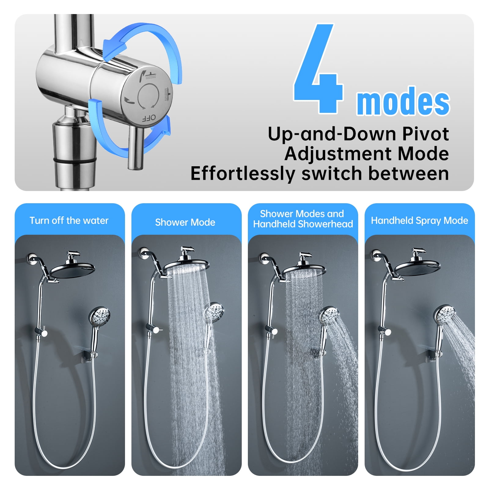 Joyrain 8-inch Rain Overhead Shower with Handheld High-pressure Shower Head, 8 Spray Modes, Rain Shower Combination with Multifunctional Extension Arm, Adjustable Height and Angle for Whole Family