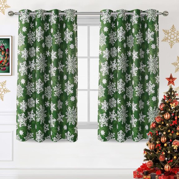 RYJUYJ-Christmas Curtains for Living Room Thermal Insulated Snowflake Pattern Curtains 63 Inch Length 2 Panels Set Winter Snow Grommet Window Curtain Drapes for Bedroom Holiday Xmas Decor Green