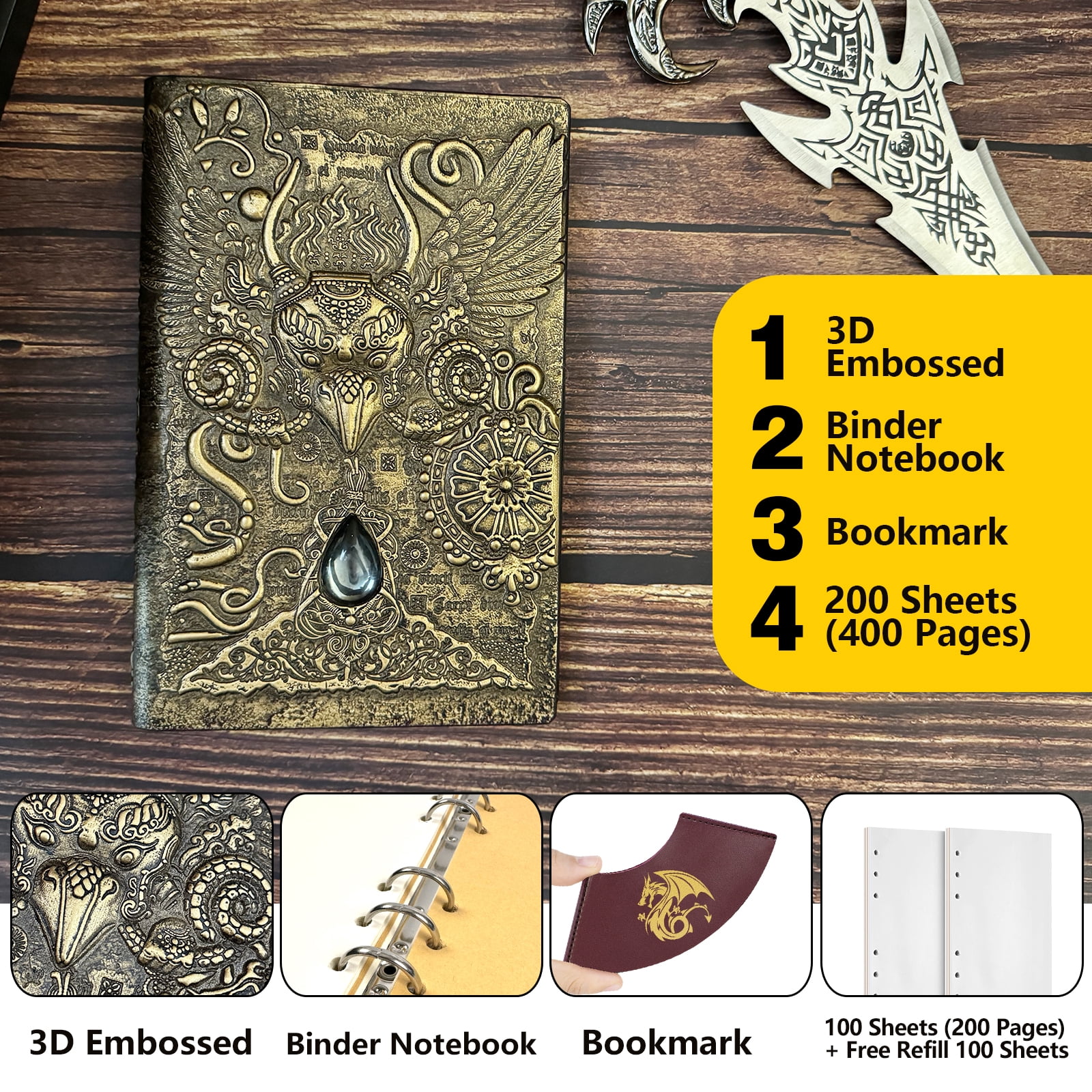DND Notebook D&D Journal,3D Embossed Leather Notebook Unique 400 Pages Lined Paper Hardcover Vintage Writing Diary Great RPG Lover's Gift For DM's &Players,Men&Women