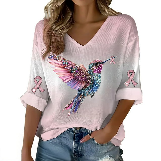 Breezora Haut pour Femmes avec Design Colibri et Ruban pour Sensibilisation à une Cause Soutien Confortable Col Rond Manches Courtes Taille TG Rouge