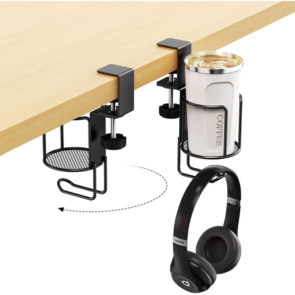 2-in-1 Cup & Headphone Clip Holder with 360° Rotation, Anti-Spill for Desk/Chair