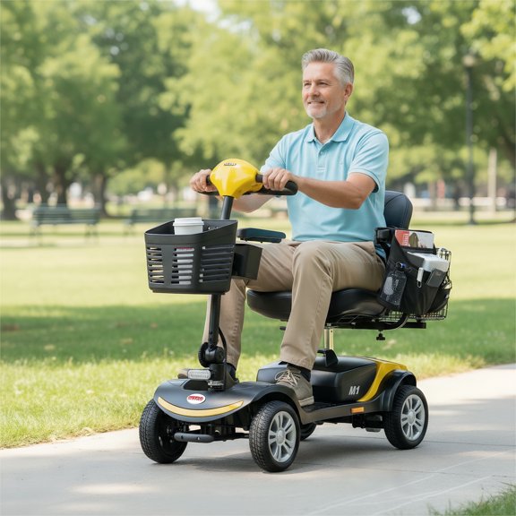 4-Wheel Powered Mobility Scooters, Mobility Scooters for Adults & Senior with Shock Absorber, 300W Motor, Rear Basket and Storage Box, LED Lights, Yellow