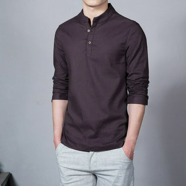T-Shirt Slim Fit à Manches Longues pour Homme à la Mode Décontractée en Lin Massif