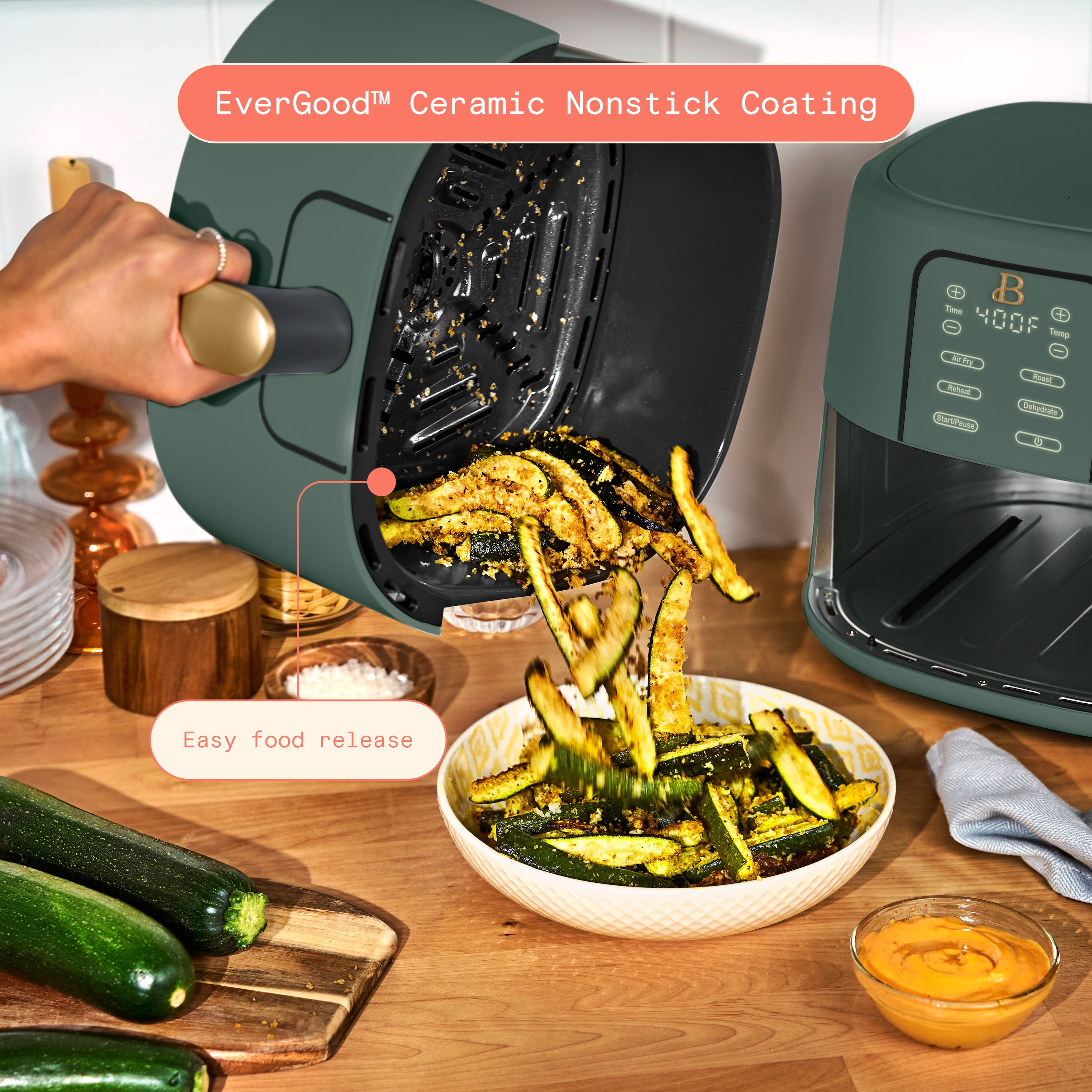 Beautiful 6 Qt Air Fryer with TurboCrisp Technology, EverGood Ceramic Nonstick Coating, Thyme Green by Drew Barrymore