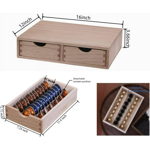 Wooden Coffee Pod Organizer with 2 Drawers for Kitchen Counter & Office Storage