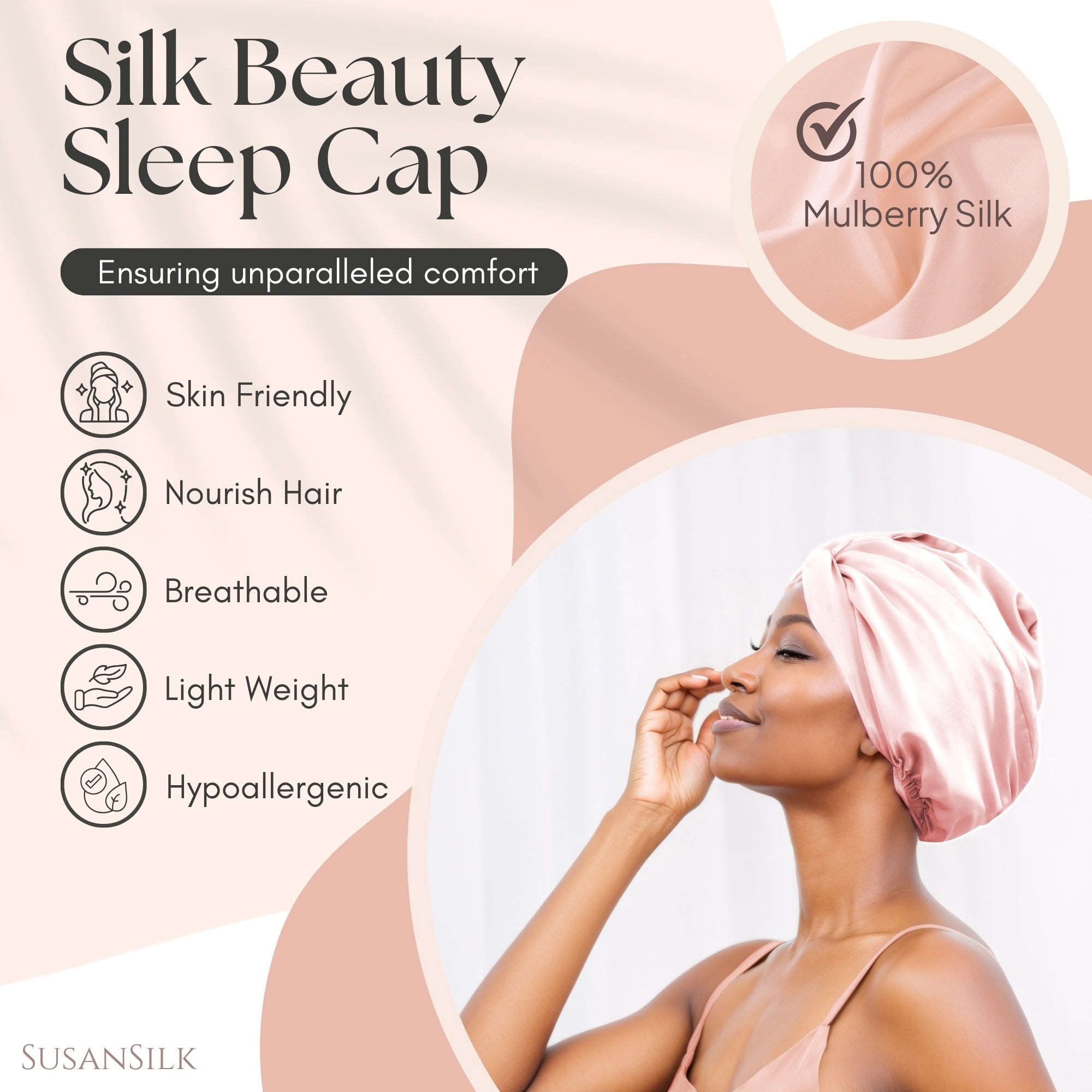 SusanSilk Premium Double-Layered Mulberry Silk Bonnet Cap with Twist Flower Design