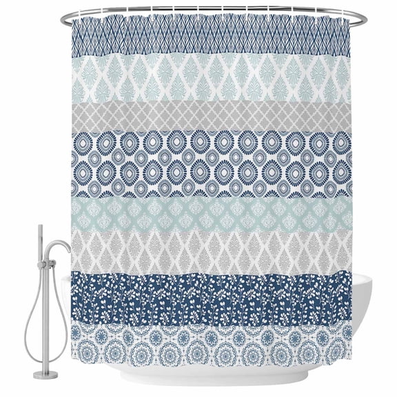 Boho Fabric Shower Curtain Bohemian Geometric Stripes Teal Grey Washable Shower Curtains for Bathroom, Waterproof Bath Curtain with Hooks Home Decor 72x84in