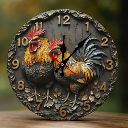 Wall Clock Decorative - Farm Rooster Pair Print 2D Vintage Wall Clocks Battery Operated Silent Non-Ticking for Bedroom, Living Room, Kitchen, Office, Classroom, 10 Inch