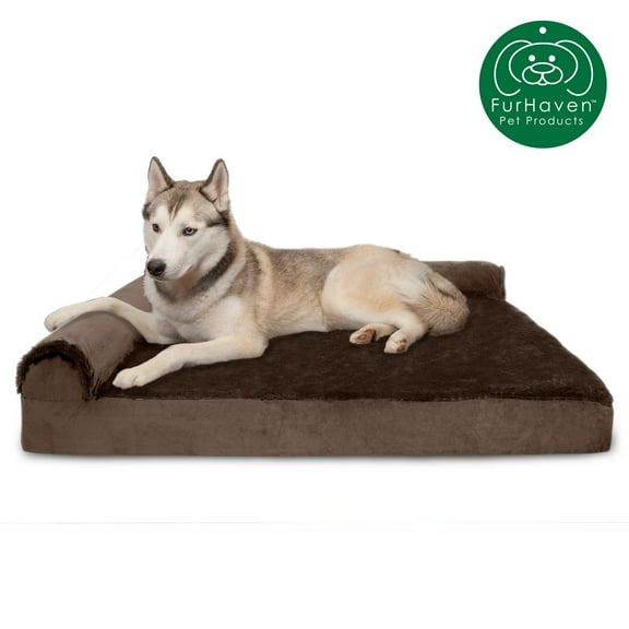 FurHaven Pet Products Plush & Velvet Memory Foam Deluxe L-Chaise Pet Bed for Dogs & Cats - Sable Brown, Jumbo