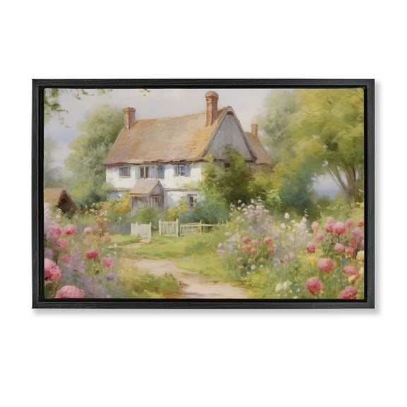 Stupell Industries Nature Filled Cottage Garden Cottage Painting Black Floater Framed Canvas Art Print Wall Art, 25 x 17