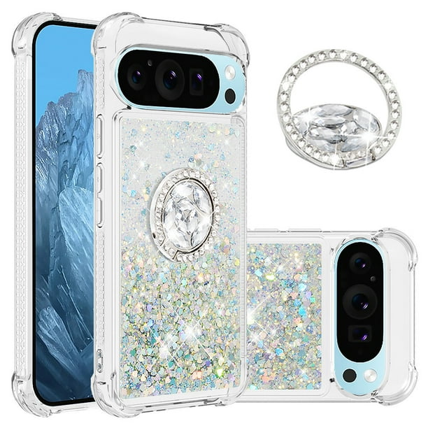 Funda para Google Pixel 9/Pixel 9 PRO 5G con Brillo Líquido Flotante, Purpurina, Parachoques y Anillo Giratorio Soporte