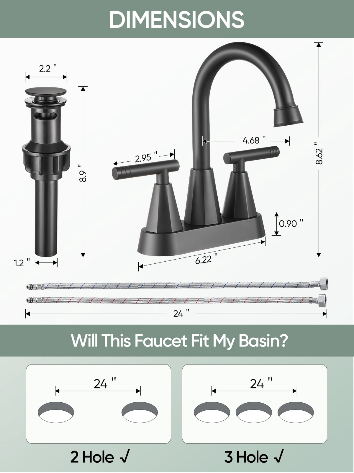 4-inch Bathroom Faucet with Pop up Drain and Two Supply Hoses, Lead-Free Stainless Steel 2-Handle Centerset Faucet for Vanity, RV Matte Black