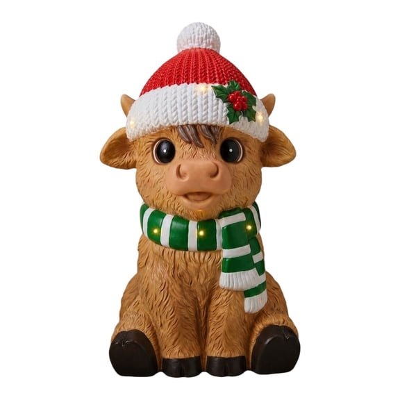 Christmas Cow Figurine with LED Lights, 7.87 Inch Resin Cow Statue with Santa Hat and Striped Scarf for Tabletop Mantel Shelf Holiday Home Decor, 1PC