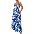 thumbnail image 2 of Women Leaf Print Spaghetti Strap Square Neck A-Line Maxi Dress Blue S, 2 of 9