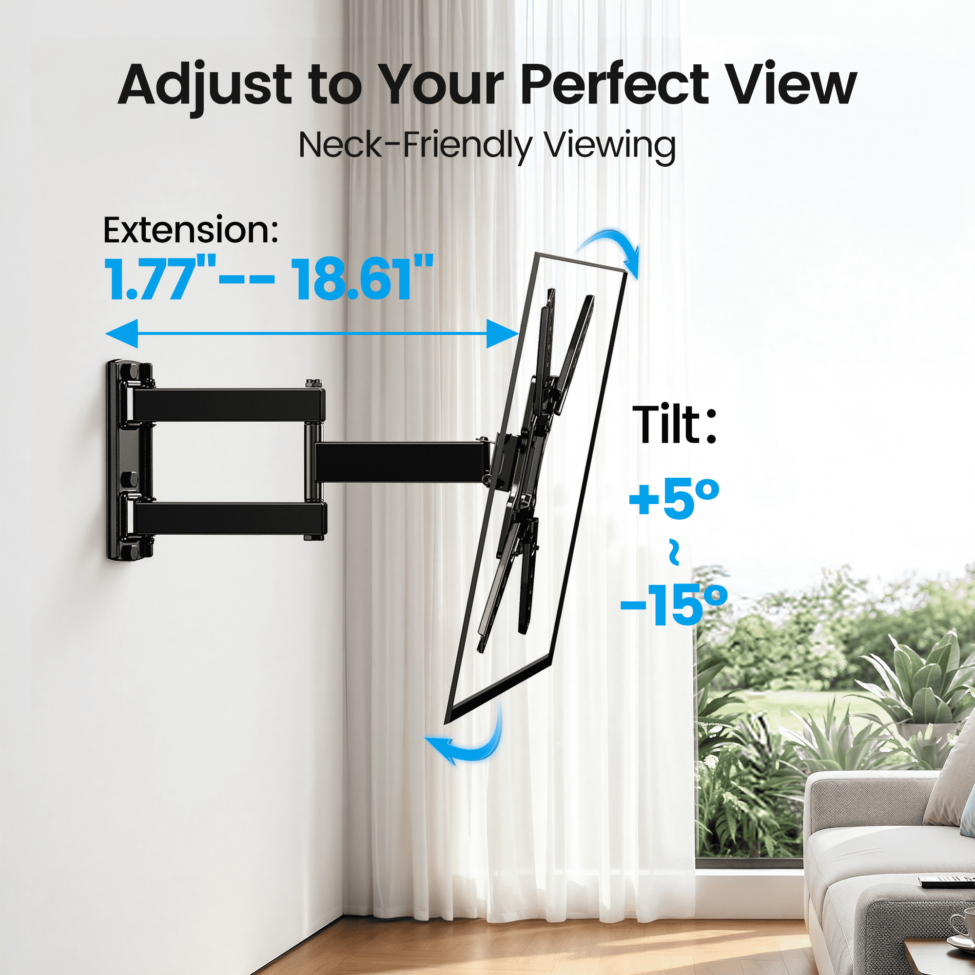 MountFTV Full Motion TV Wall Mount Bracket for 26-65 inch TVs, Holds up to 77 lbs, Corner TV Wall Mount Bracket with Swivel, Leveling and Extension