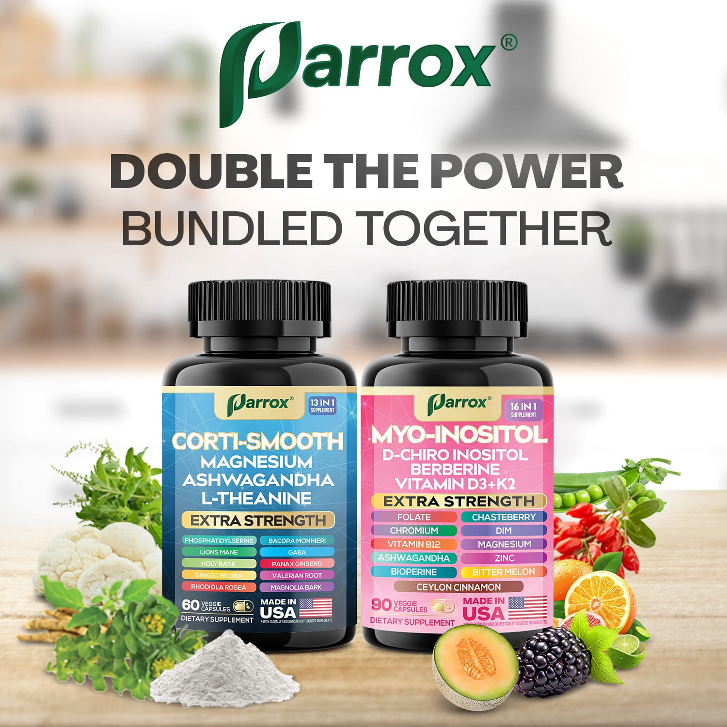 Parrox Cortisol & Myo-Inositol Supplement Bundle, Soothe & Smooth Bundle, Cortisol Balance, GABA, Magnesium, Ashwagandha, L-Theanine, D-Chiro Inositol, Folate, Berberine, Chasteberry, Zinc (3 Pack)
