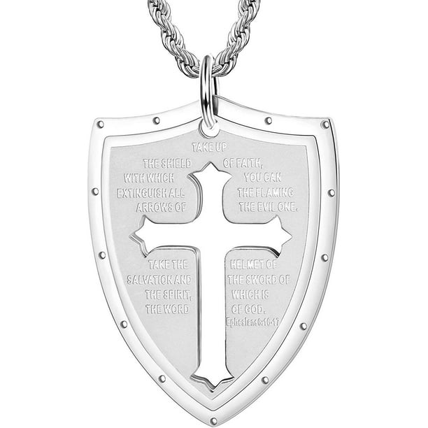 Shield Armor of God Ephesians 61617, Faith Cross Pendant Necklace for