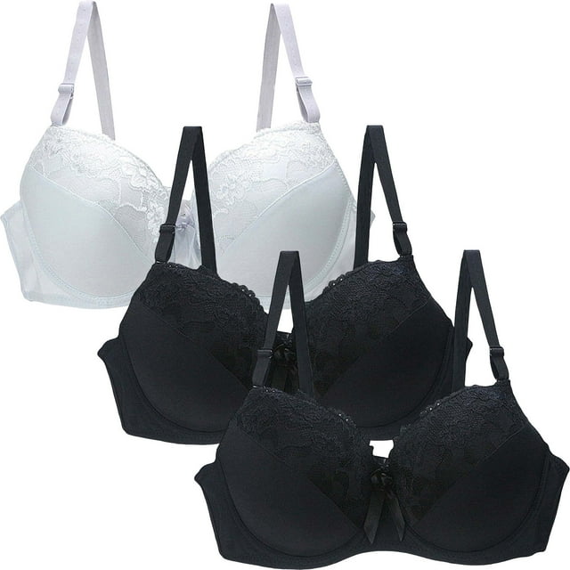3 PCS Womens Full Coverage Bras Lace Wireless Push Up Bralettes Seamless Beauty Back B Cup Bras Underwear Multicolor, 42/95B
