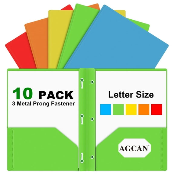 AGCAN 10 Pack Plastic 2 Pocket Folders with 3 Prongs, Assorted Colors 3-Clasp Folders with Fasteners for Office and Classroom Docments, Letter Size