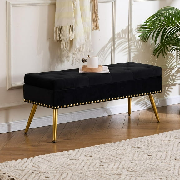 Velvet Storage Bench with Gold Legs and Nailhead Trim, 40" Wide Upholstered Modern Bedroom Bench for End of Bed, Tufted Ottoman for Entryway Living Room Dining Room