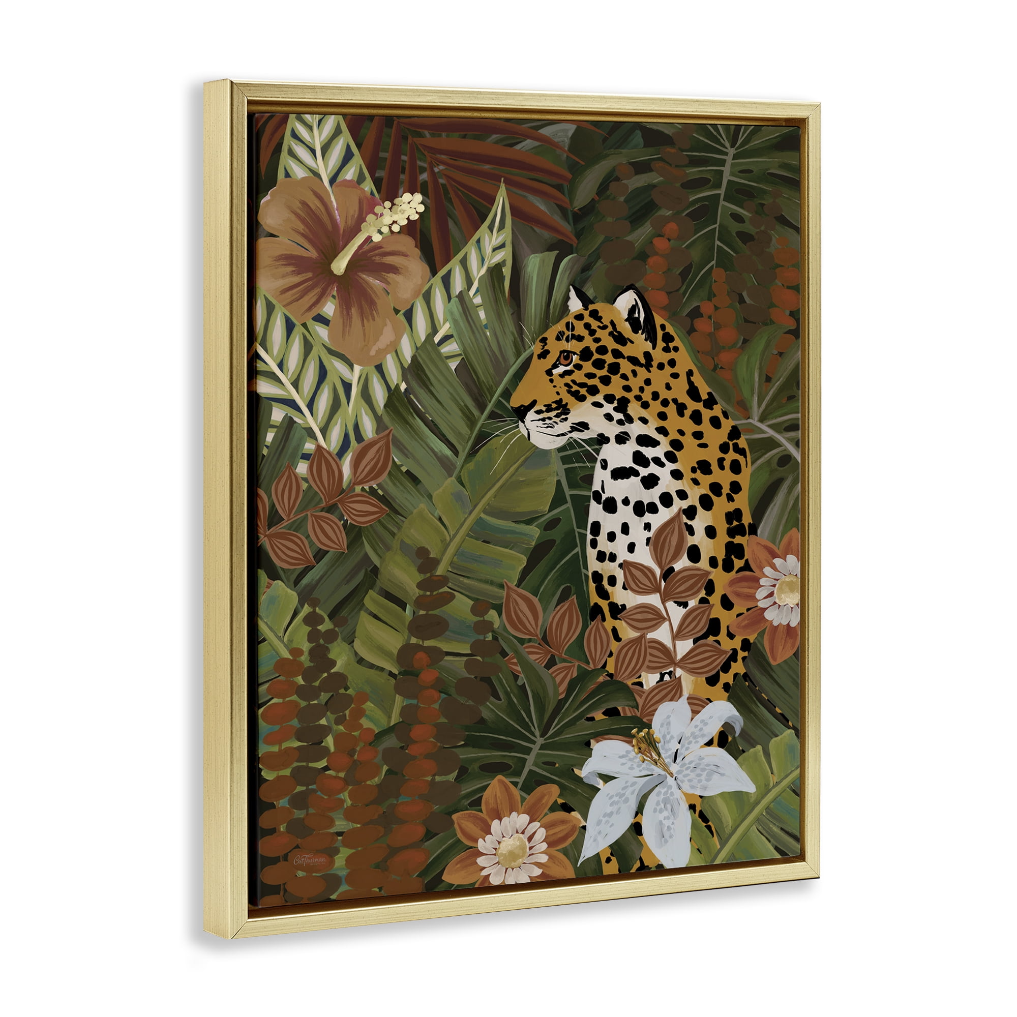 Stupell Industries Hibiscus Jungle Leopard Animals Painting Gold Floater Framed Canvas Art Print Wall Art, 25 x 31