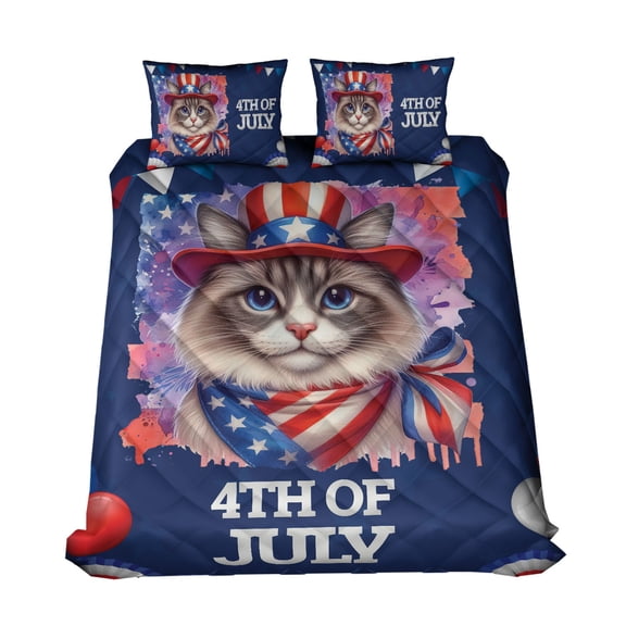 Patriotic Ragdoll Celebrates 4th of July Quilt Bedding Set Cat Lover Kitten Owner Gifts Idea 1 Blanket Bed Cover 2 Pillowcases - 02009