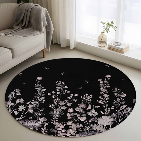 Black Botanical Round Rug 3ft Washable Circle Entryway Rugs Non Slip Dragonfly Flower Leaf Retro Style Area Rug Indoor Floor Carpet for Bedroom Kitchen Living Room Home Office Dining Room Nursery