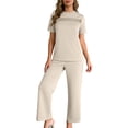 thumbnail image 4 of Trendy 2 Piece Outfits for Women Summer 2026 Short Sleeve Pleated Top & Wide Leg Pants Set Casual Loungewear (S, Beige), 4 of 8