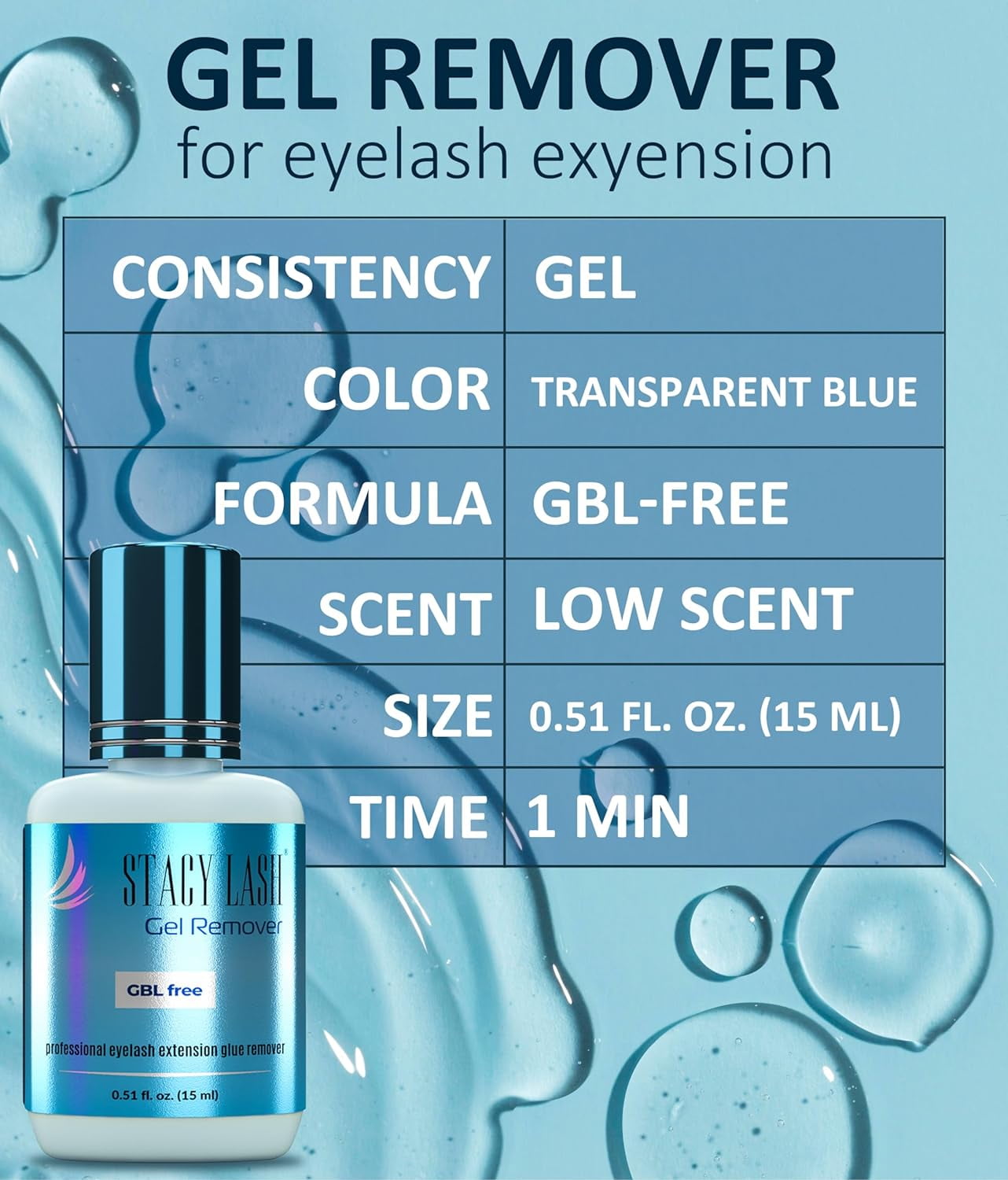 Stacy Lash Gel Remover for Eyelash Extension Glue, 15ml, Professional Use