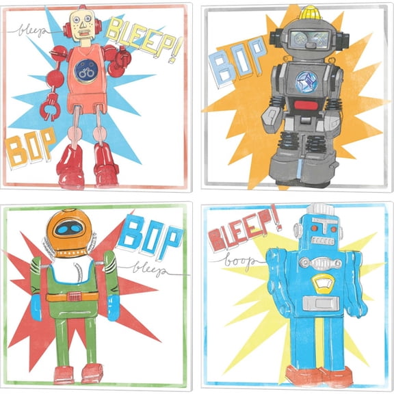 Great Art Now Toy Tin Robots by Jennifer Parker 4 Piece Canvas Art Set Each 14"W x 14"H