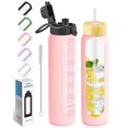thumbnail image 1 of Nefeeko Botellas de agua de vidrio de 32 onzas con marcador de tiempo motivacional de pajita Botella reutilizable a prueba de fugas de 1 litro sin Bpa con funda de silicona Tapa de bambú y boquilla, 1 of 1