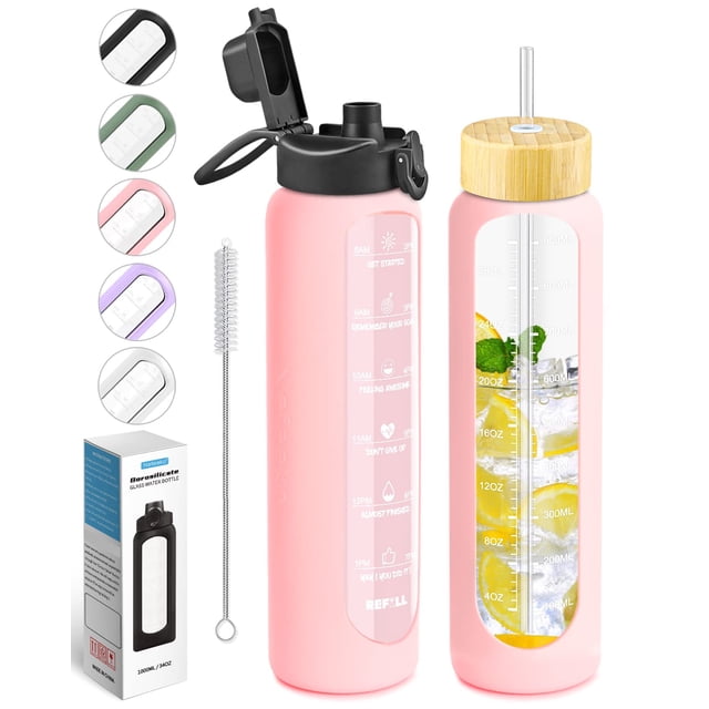 Nefeeko Botellas de agua de vidrio de 32 onzas con marcador de tiempo motivacional de pajita Botella reutilizable a prueba de fugas de 1 litro sin Bpa con funda de silicona Tapa de bambú y boquilla