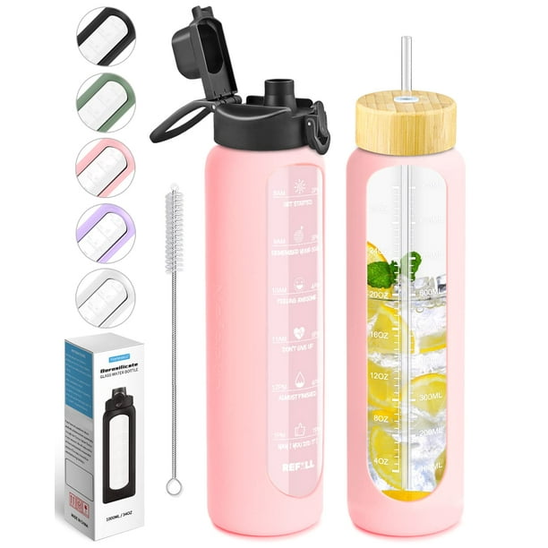 Nefeeko Botellas de agua de vidrio de 32 onzas con marcador de tiempo motivacional de pajita Botella reutilizable a prueba de fugas de 1 litro sin Bpa con funda de silicona Tapa de bambú y boquilla