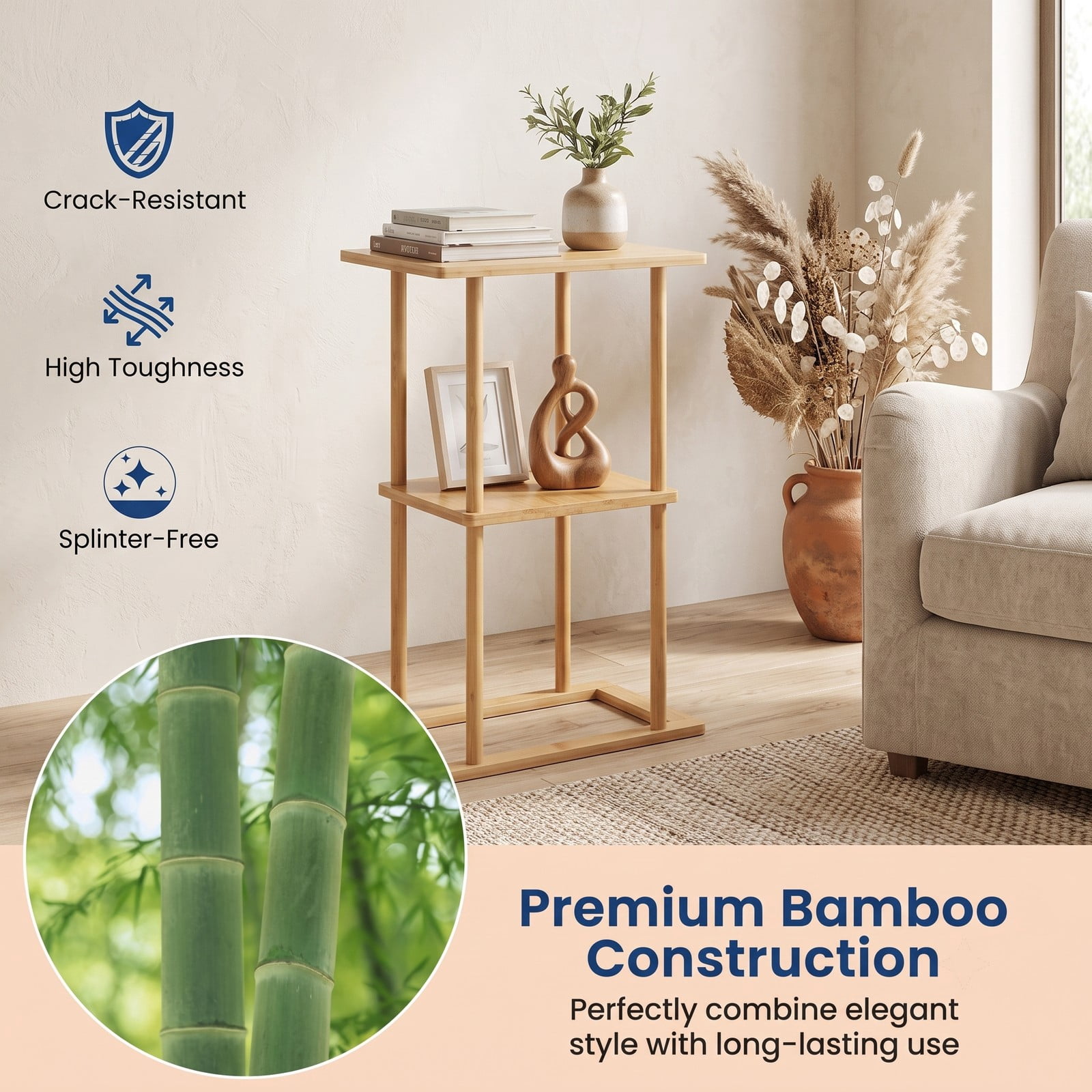 Furnibear 2-Piece Bamboo Side Table Set with Storage Shelves, 2-Tier End Table Nightstand for Living Room Bedroom Home Office, Rectangular Sofa Couch Accent, Natural