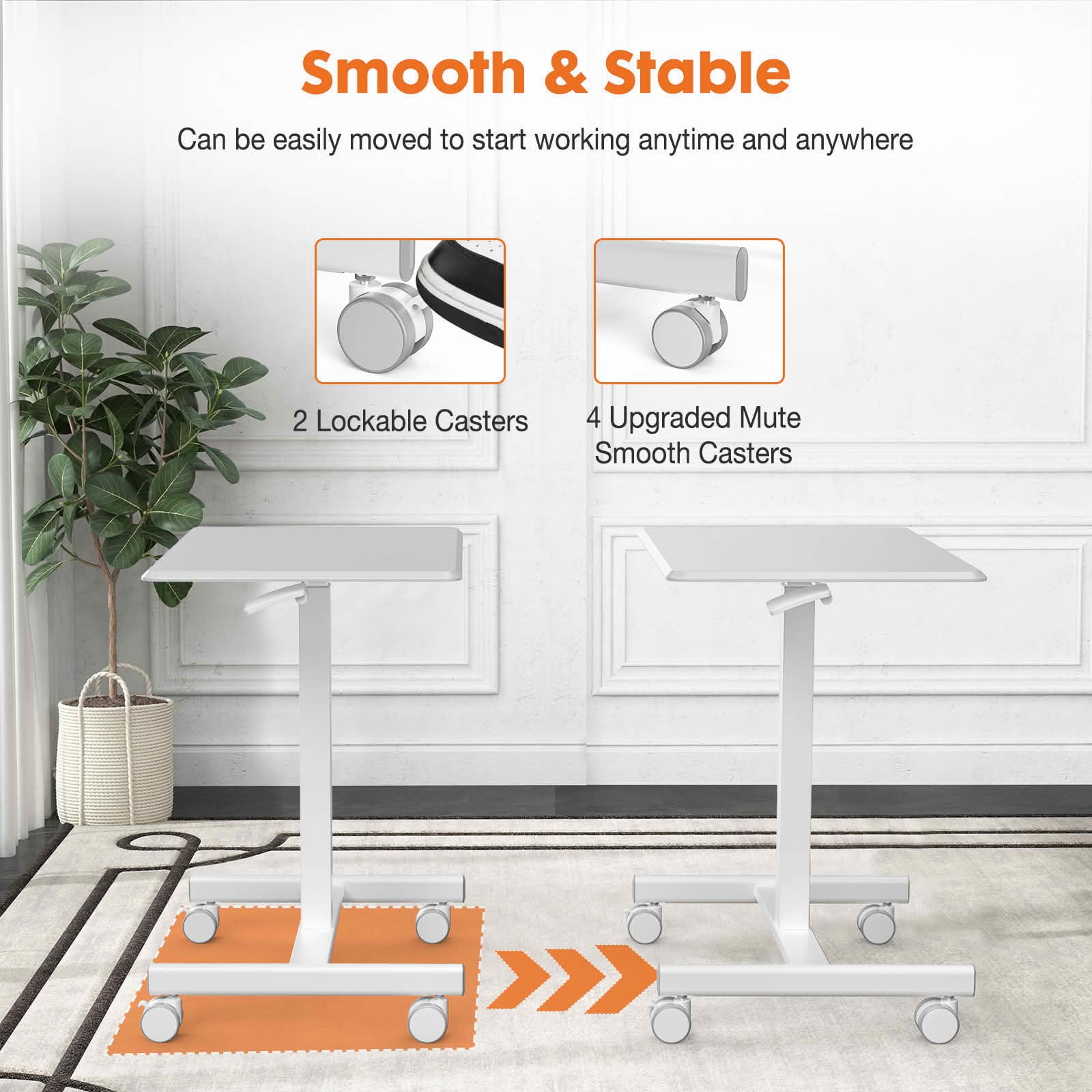 MAYEERTY Adjustable Rolling Laptop Desk Cart, Overbed Computer Table, Home Office Classroom, White