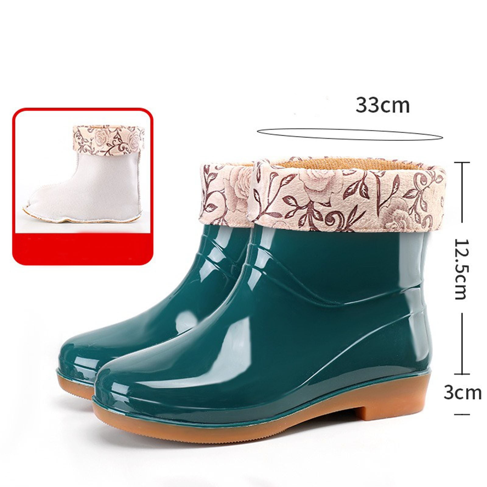 Winter Short Rain Boots for Women with Lined Floral Waterproof Rubber Outdoor Garden Ankle Booties Shoes