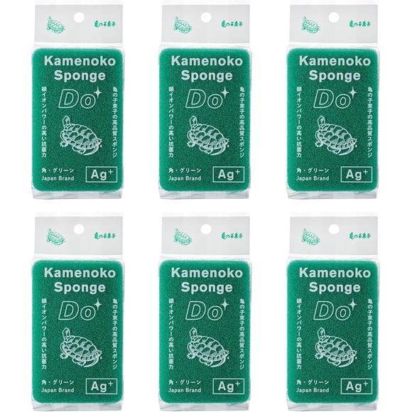 Kamenoko Sponge Do - Set of 6 - Green - Square - Kitchen Sponges for Cleaning Dishes and Pans - Odor-Resistant - Made in Japan
