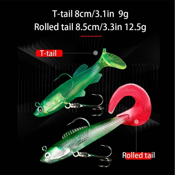 Junsice 10 Pieces Predator Fishing Lure, Trout Lure, Soft Lure, Sea Fishing Lure, Pike Lure, Sea Bass T-Tail And Curling Lure, Pike Soft Lure With Box