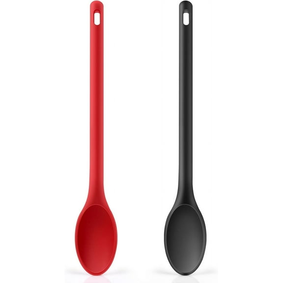 Kiibsot 2 Pack Long handle Silicone Mixing Spoon, 12" Stirring Spoons Nonstick Heat-Resistant Rubber Mixing Spoon for Cooking Baking