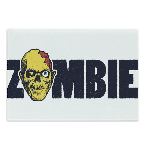Zombie Cutting Board, Dead Human Face Caricature Typography Style Monster Theme Illustration, Decorative Tempered Glass Cutting and Serving Board, Large Size, Dark Blue Yellow, by Ambesonne